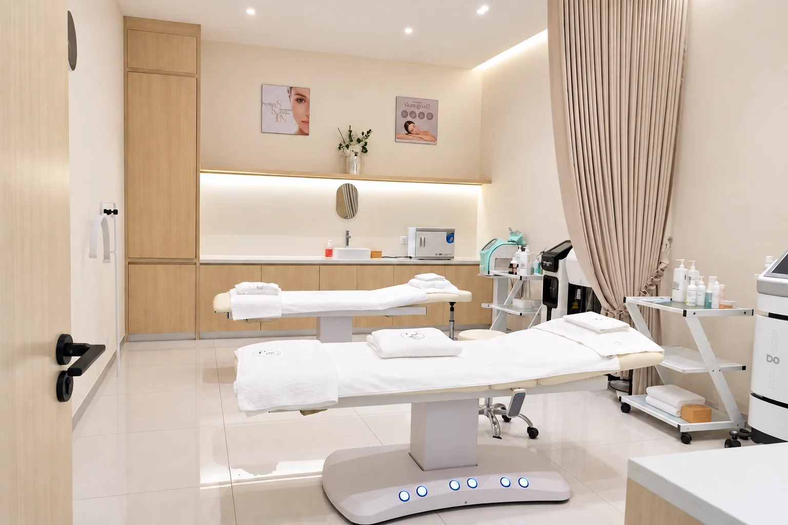 Prepared treatment room with two treatment beds at PG Aesthetic Center
