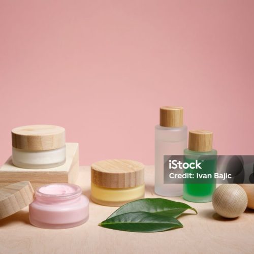 Different  organic beauty products  with wooden decoration